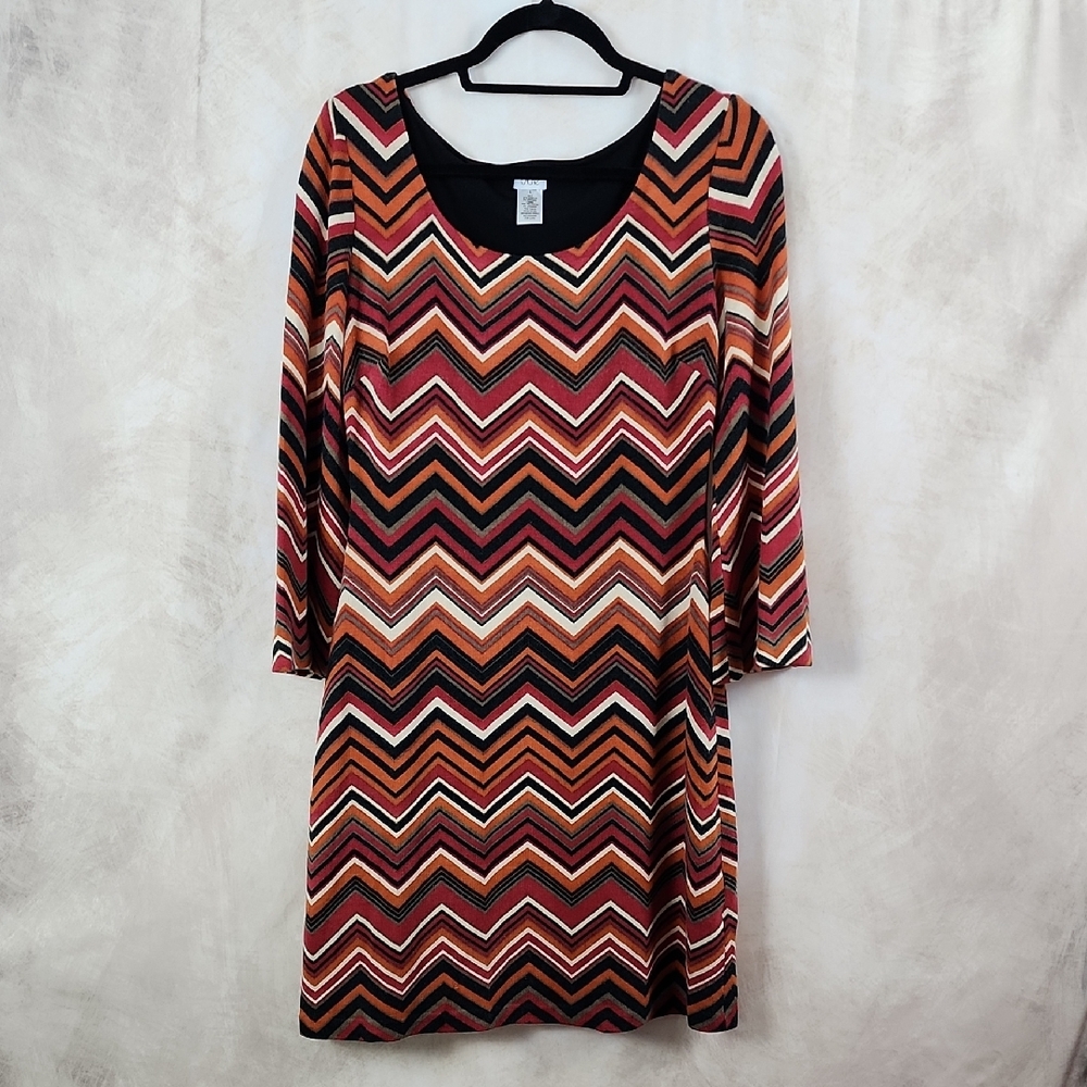 Cache Chevron Long Sleeve Dress - Black, Brown, and Orange
